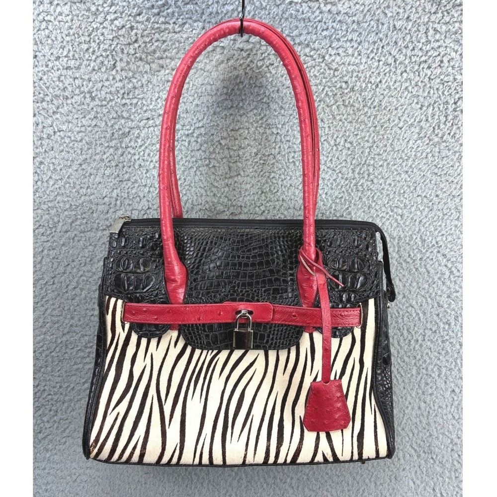 Cleo & Patek Paris Animal Print Handbag Womens Medium Red Black Genuine Leather